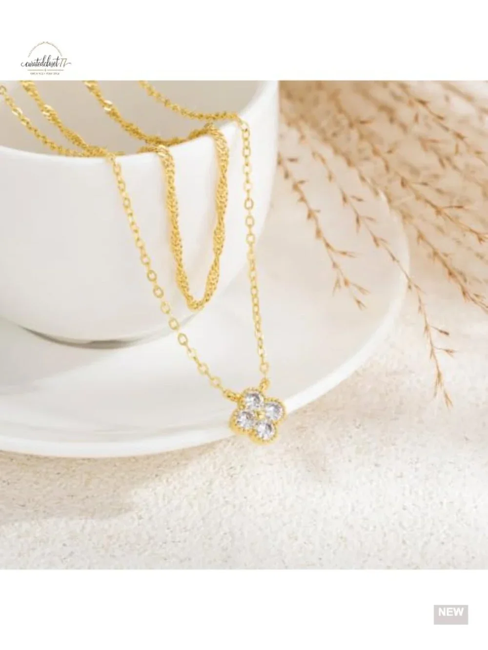Dainty Layered Gold Plated Necklace Set Cubic Zirconia Four Leaf Clover Choker